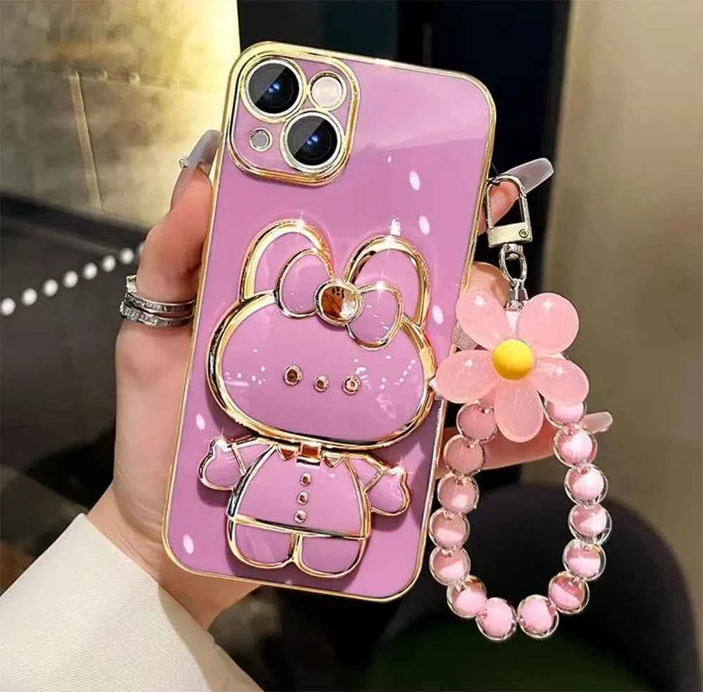 Bead bracelet Rabbit Mirror Rabbit Flower Strap Case For iPhone 16 Pro Max 15 Plus 14 13 12 11 SE 2022 Electroplated Kickstand