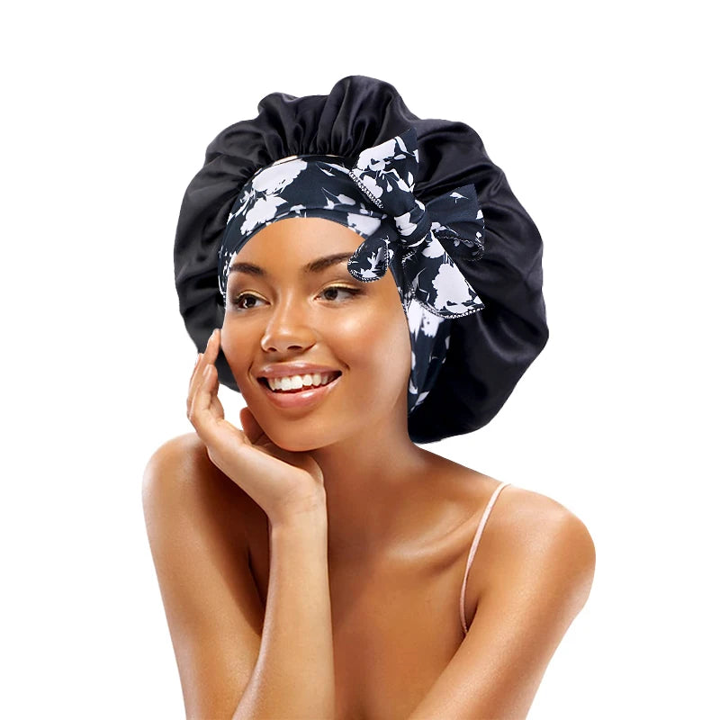 Women's Lace-up Satin Bonnet With Wide Stretch Ties Band Long Tail Bonnet Satin Cheveux Nuit Silky Sleeping Night Cap Bonnets - NamafadStore