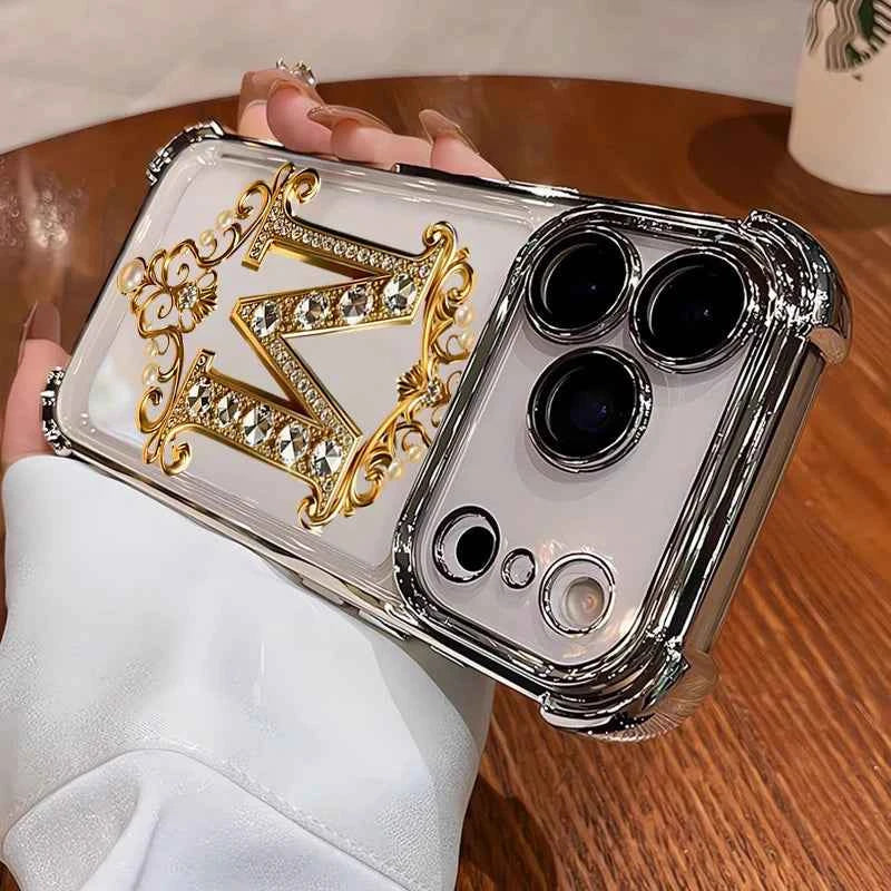 Diamond Golden "M" Pattern New Electroplated Transparent TPU Case For iPhone 17 Pro Max Air 16 15 14 Plus 11 12 13 Bumper Cover