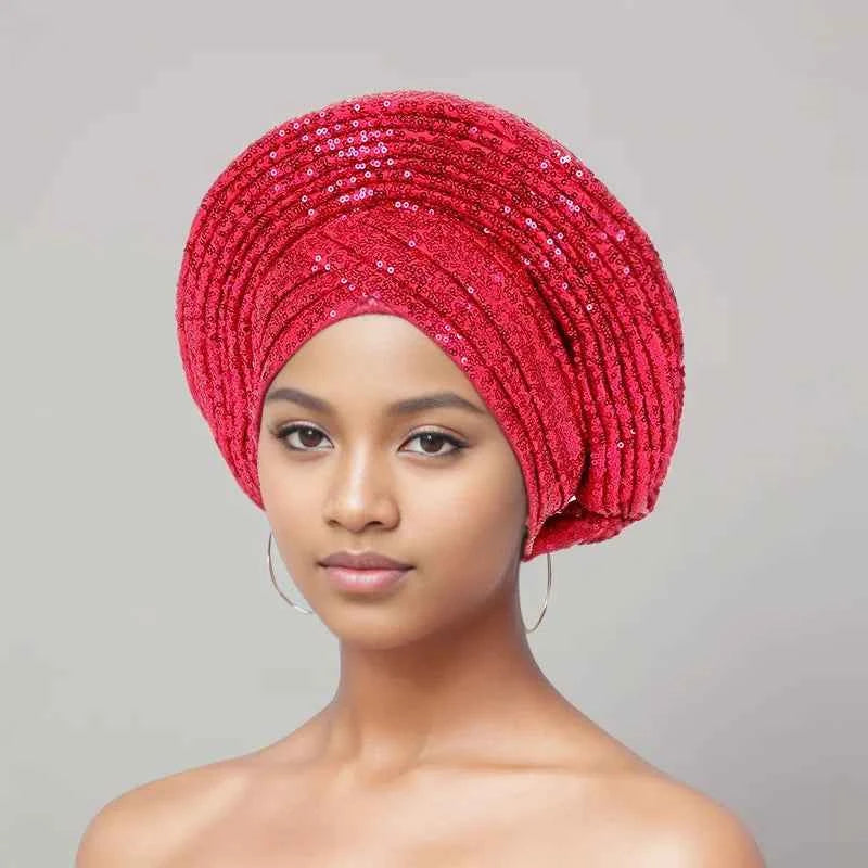 Sequins Auto Gele Headtie African Women's Head Wraps Fashion Turban Cap Nigeria Wedding Geles Already Made Head Ties Headpiece