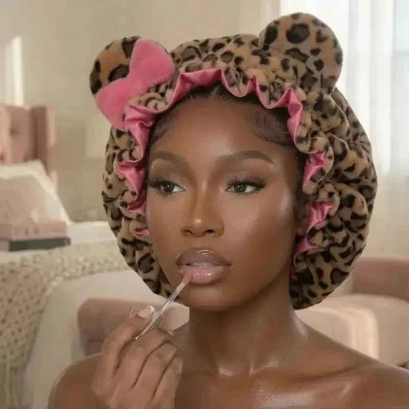 Unisex Leopard Plush Bow Sleep Bonnet Satin Lined Anti-Frizz Quick Dry Bath Cap Men Women Night Hair Protection Shower Head Wrap