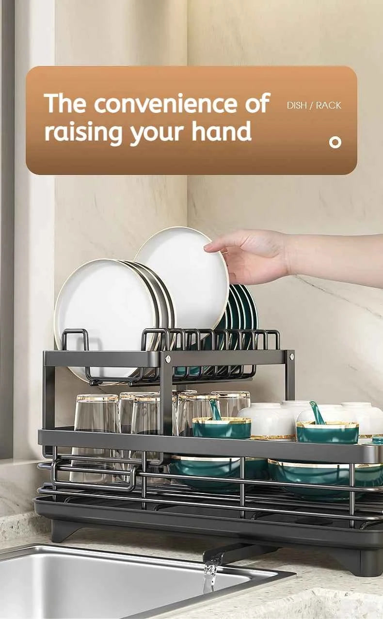 Stainless Steel Dish Drying Rack Adjustable Kitchen Plates Organizer with Drainboard Over Sink Plate Drainer Storage Organizer