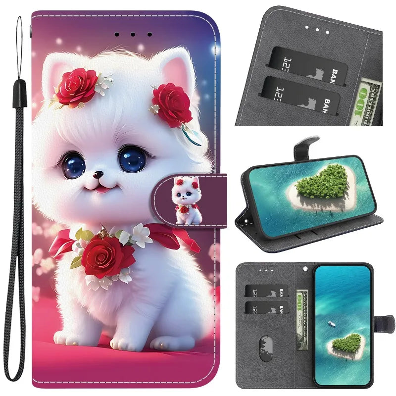 i17e Air Rose Cat Bear Case for iPhone 17e 16e 15 14 Plus 13 12 iphone17 Pro Max Cases Wallet Flip Stand Back Cover Strap Coque
