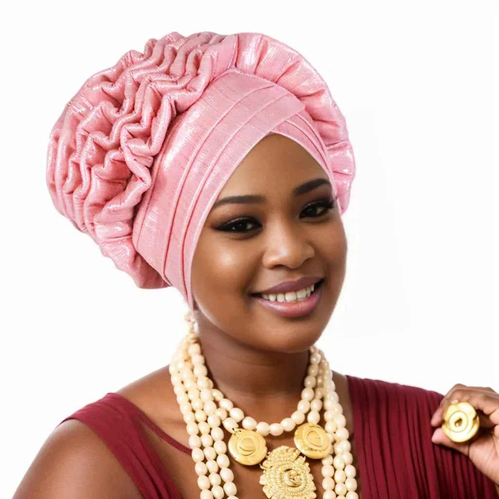 Women’s Glitter Pleated Turban Cap – Auto Gele Headtie African Wedding & Party Head Wrap