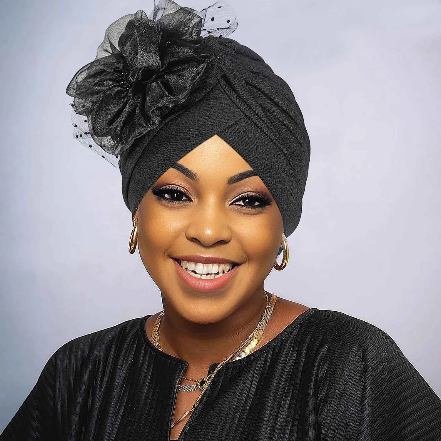 Women’s Luxury Turban Hat – Big Flower Mesh Style African Zahra Cap for Weddings & Special Occasions