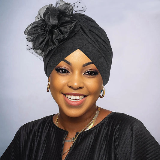 Women's Turbans Pure Color Big Flower Mesh Style Accessible Luxury Wedding Important Occasions Wear Forehead Cross Fashion Turban Hat African Zahra Cap