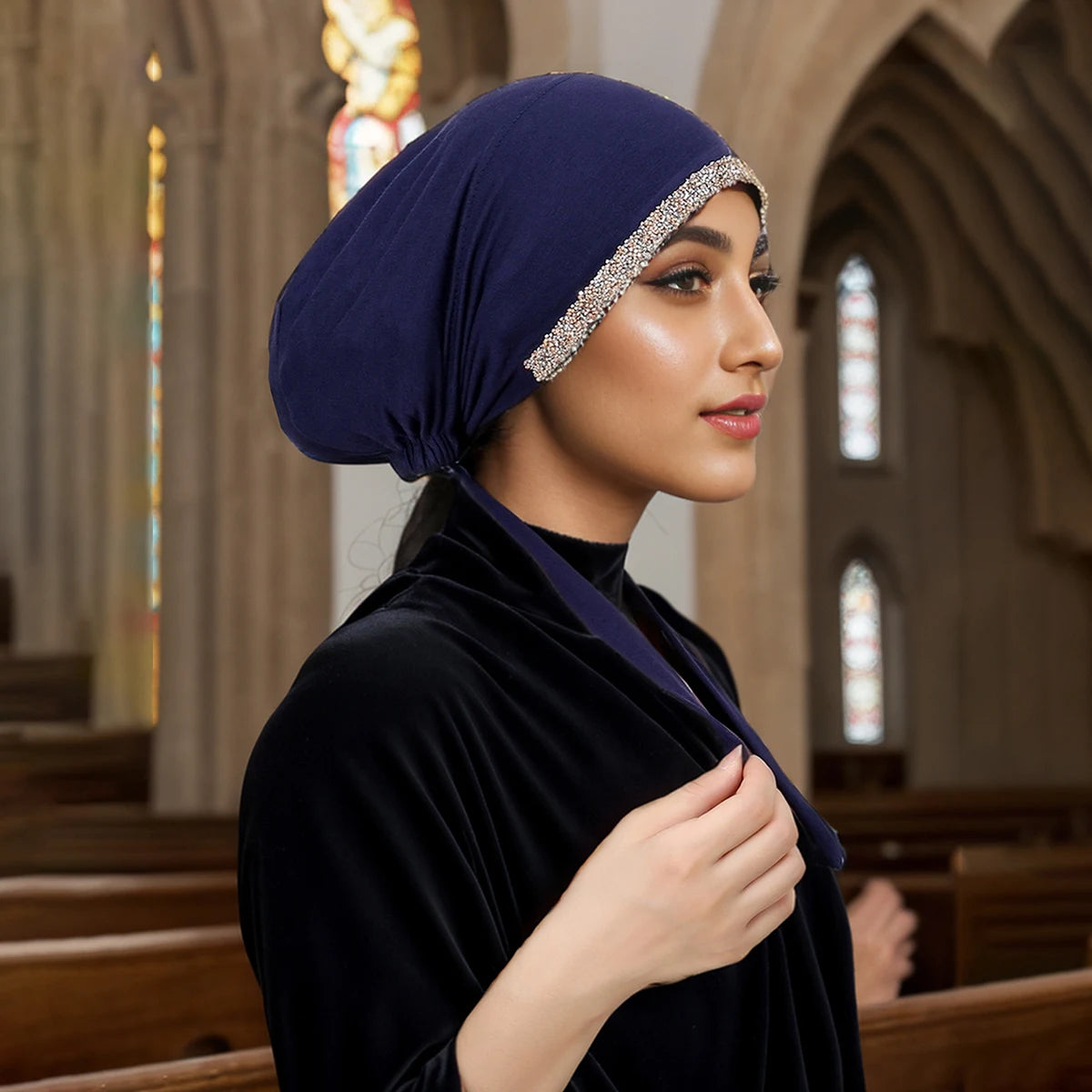 New Modal Rhinestone Band Muslim Turban Hat Inner Hijab Caps Islamic Underscarf Bonnet India Hats Female Headwrap Turbante Mujer - NamafadStore