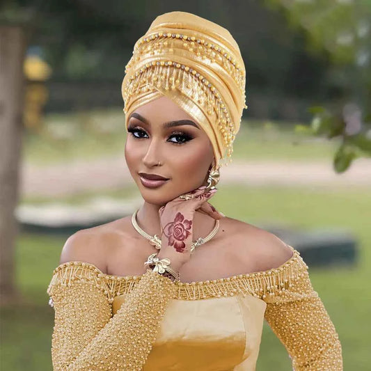 Fashion Turban Cap for Women African Lady Head Wraps with Beading Tassels Nigeria Weding Party Hat Headwear