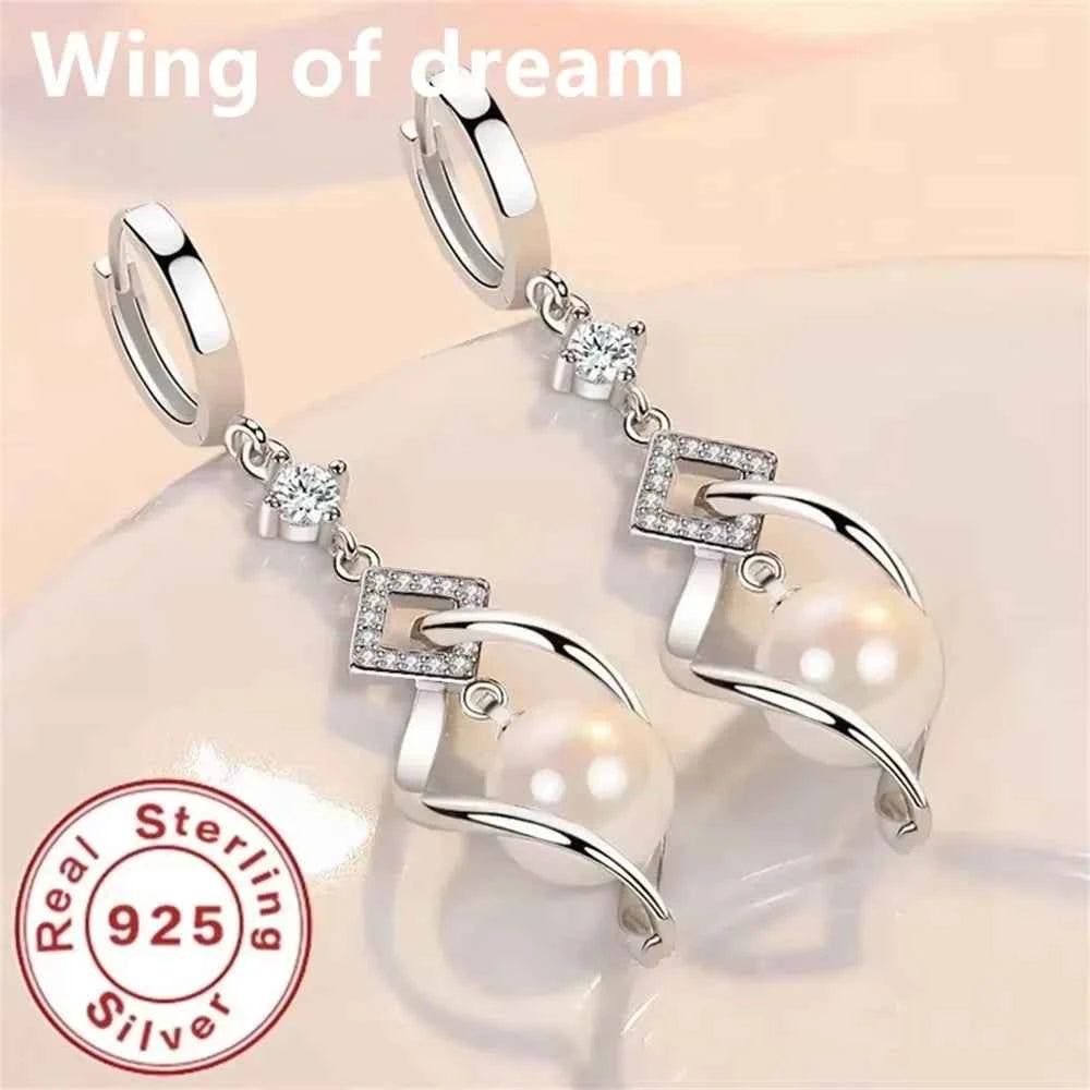 925 Sterling Silver Crystal Zirconia Natural Pearl Earrings, Women's Fashion Gorgeous Wedding Engagement Party Jewelry
