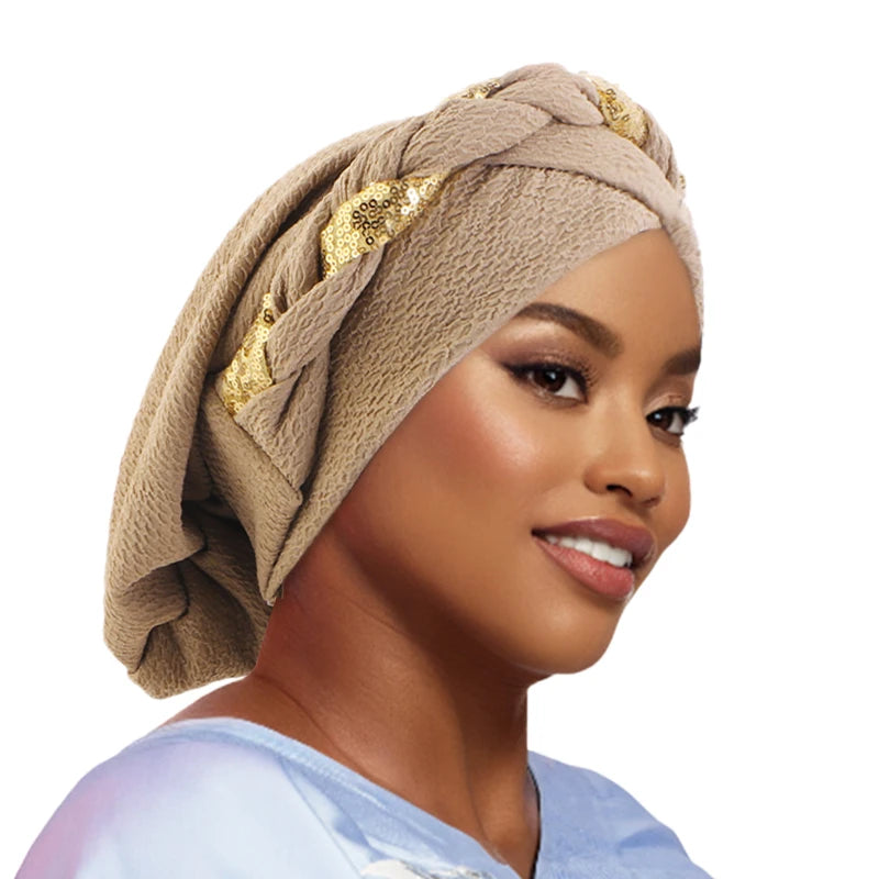 New African Headband Turban Cap Muslim Fried Dough Twists Braid Head Cap Islamic Chemo Hair Care Hats Beanie Headscarf - NamafadStore