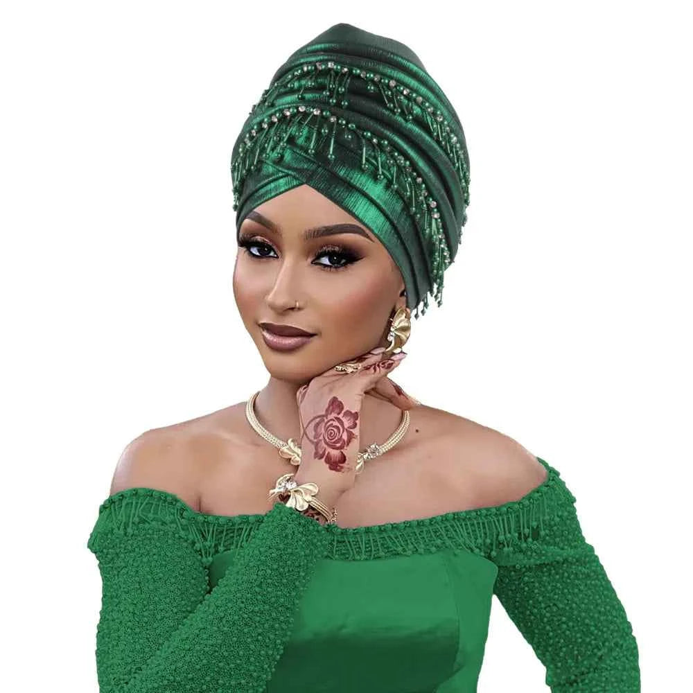 Fashion Turban Cap for Women African Lady Head Wraps with Beading Tassels Nigeria Weding Party Hat Headwear
