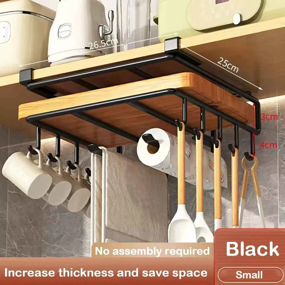 Under Cabinet Kitchen Organizer Rack with Hooks Multi-Purpose Storage Shelf for Paper Towel Cutting Board & Pot Lids