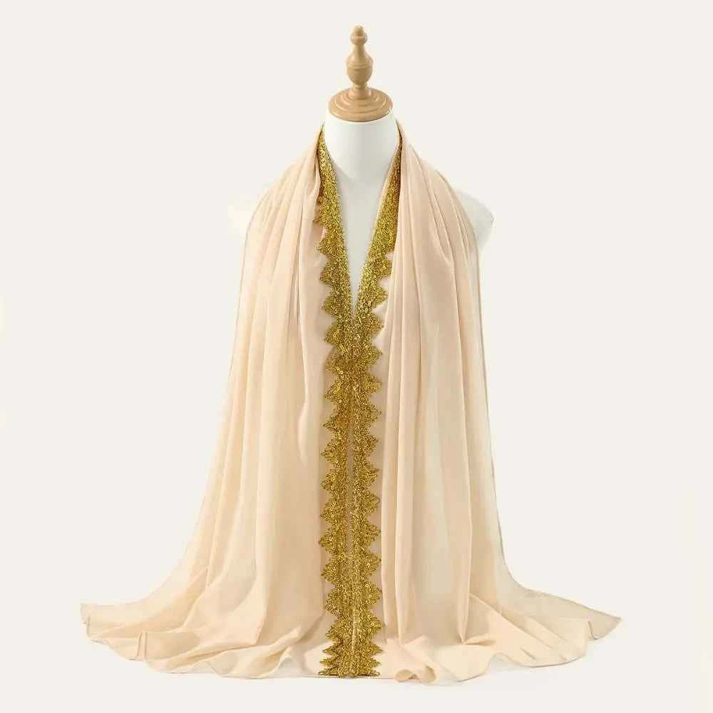 Luxury Silk Chiffon Hijab Scarf Long Gold Sequin Wraps Shawl Glitters Thin Islamic Turban Beach