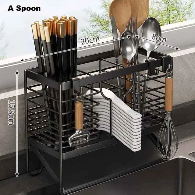 Cutlery Organizer Kitchen Storage Rack Wall Mounted Knife, Fork, Spoon Chopstick Rack with Drainage Tray Kitchen Utensil Cage