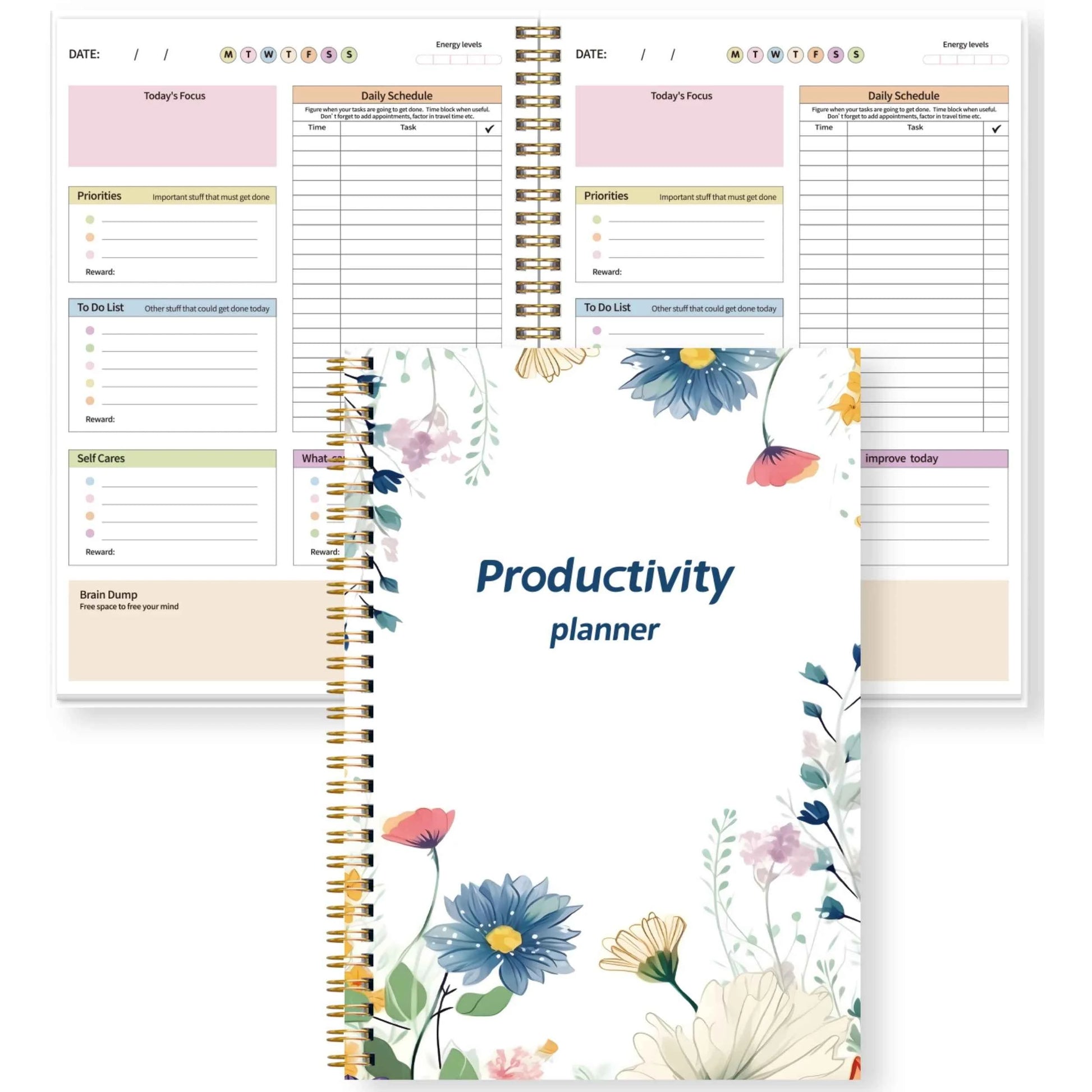 Floral Productivity Planner Spiral Daily Organizer with Focus, Priorities, to Do List, Self Care & Brain Dump