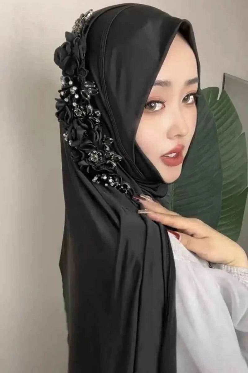 Diamonds Amira Flower Turban Hijabs Instant Scarf Women Muslim Hijab Scarves Head Cover Bride Pull On Ready Headscarf Wrap Niqab