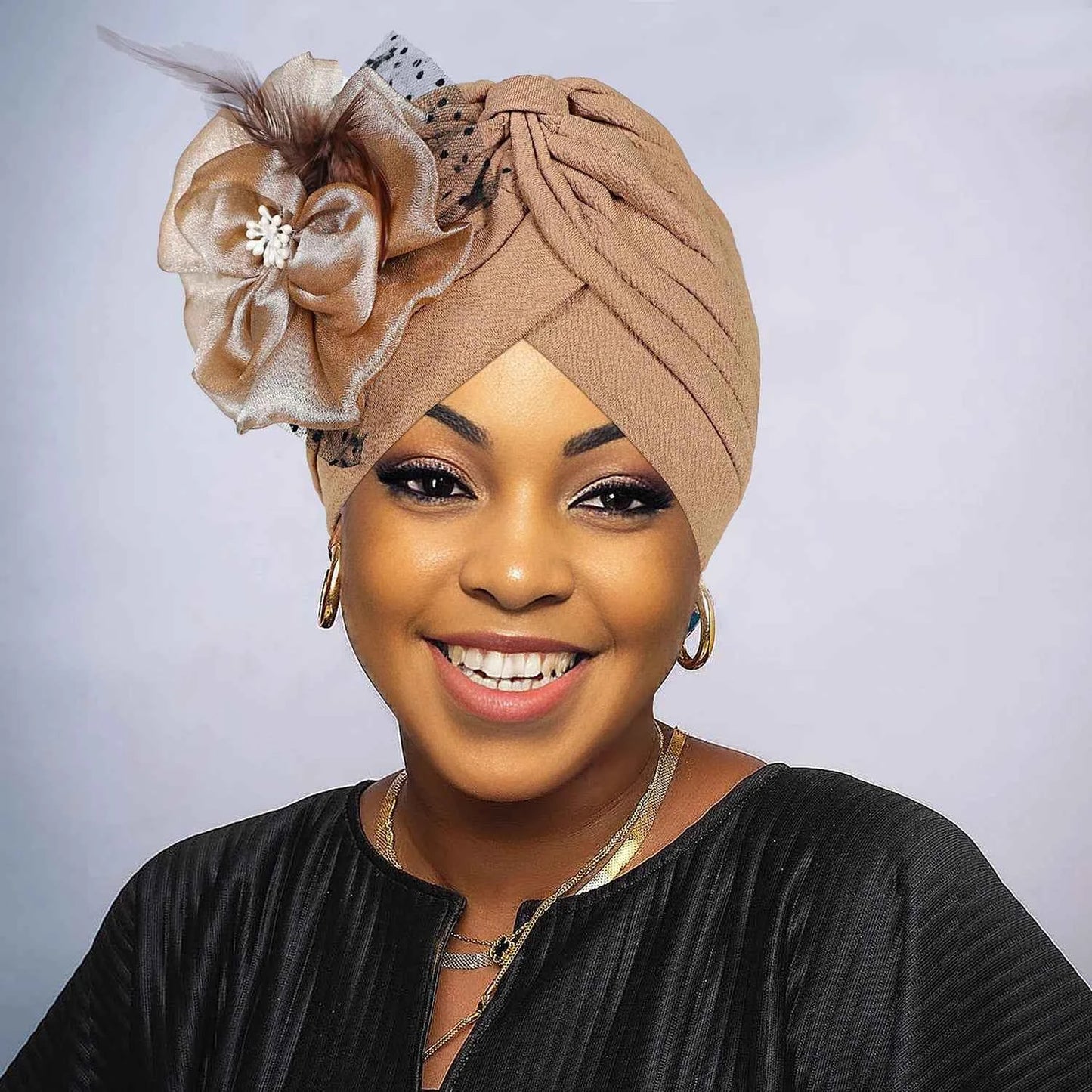 Women’s Luxury Turban Hat – Big Flower Mesh Style African Zahra Cap for Weddings & Special Occasions