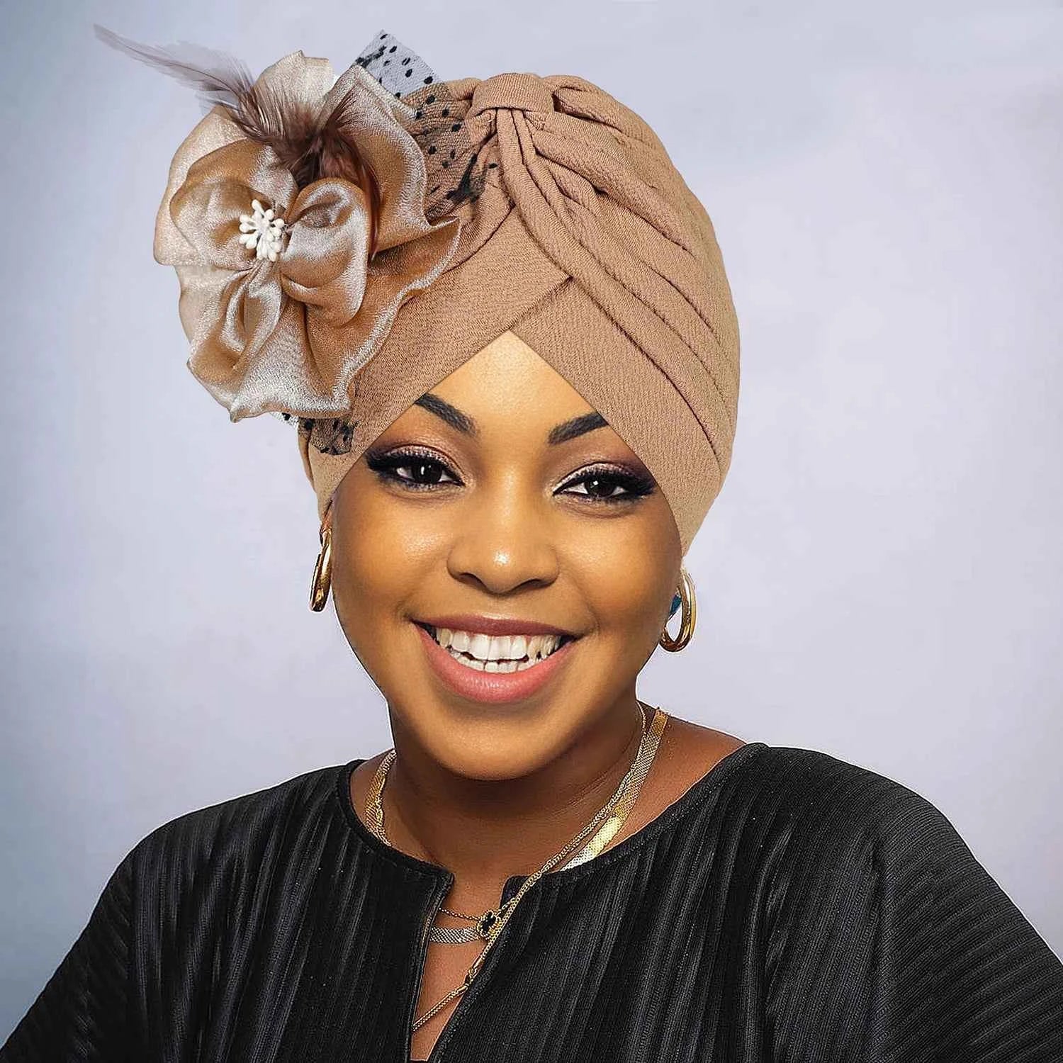 Women’s Luxury Turban Hat – Big Flower Mesh Style African Zahra Cap for Weddings & Special Occasions