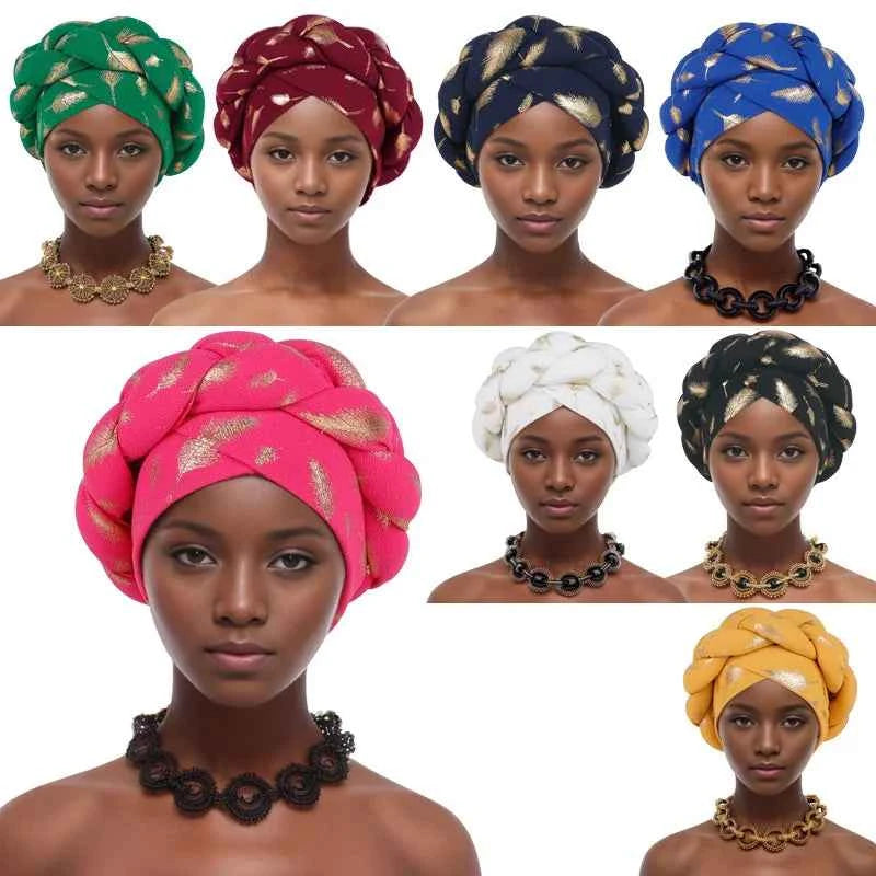 Bronzing African Headtie Braid Turban Caps for Women Nigeria Wedding Geles Party Headgear Headpiece Auto Gele Female Head Wraps