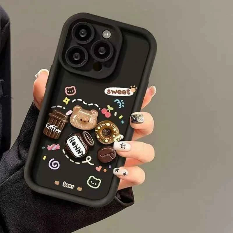 Cute 3D Bear Coffee Phone Case For Realme 14 Pro Plus 8 8i 9i 10 11 12 13 Pro 5G C21 C35 C75 C53 C67 C55 C63 C61 Matte TPU Cover