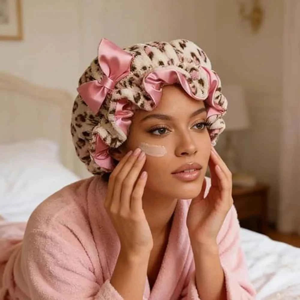 Luxury Leopard Pink Sleep Cap – Satin Lining, Frizz Control, Stretch Fit for Curly Hair