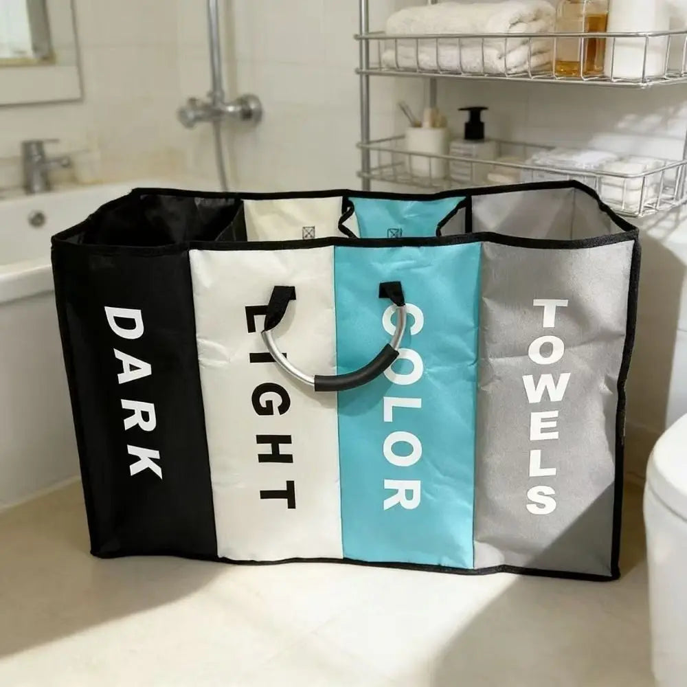 4-Grid Large Laundry Basket – Folding Divided Clothes Hamper with Handles