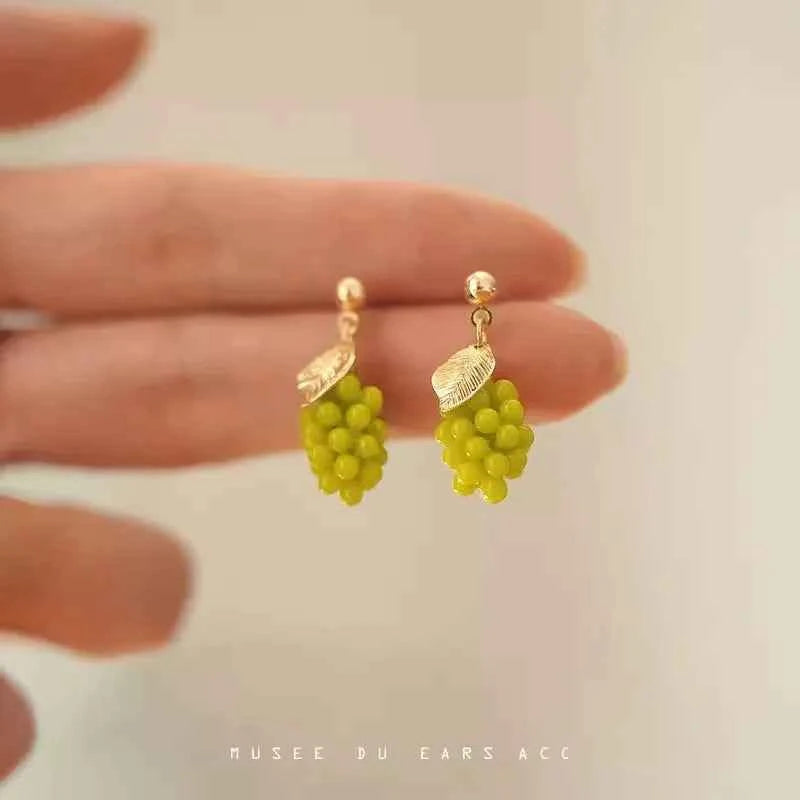 Non Pierced Ear Clips Japanese Green Grape Earrings Small Cute Transparent Fruit Cherry Clip on Earrings for Female Party Gifts