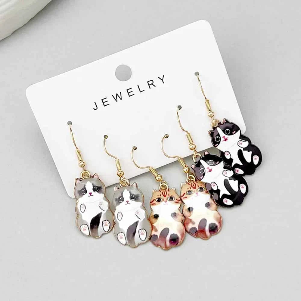 3 Pairs New Fun and Cute Enamel Alloy Hanging Tail Cat Dangle Earrings Colored Cat Ear Jewelry Set Lovely Gift For Women Girls