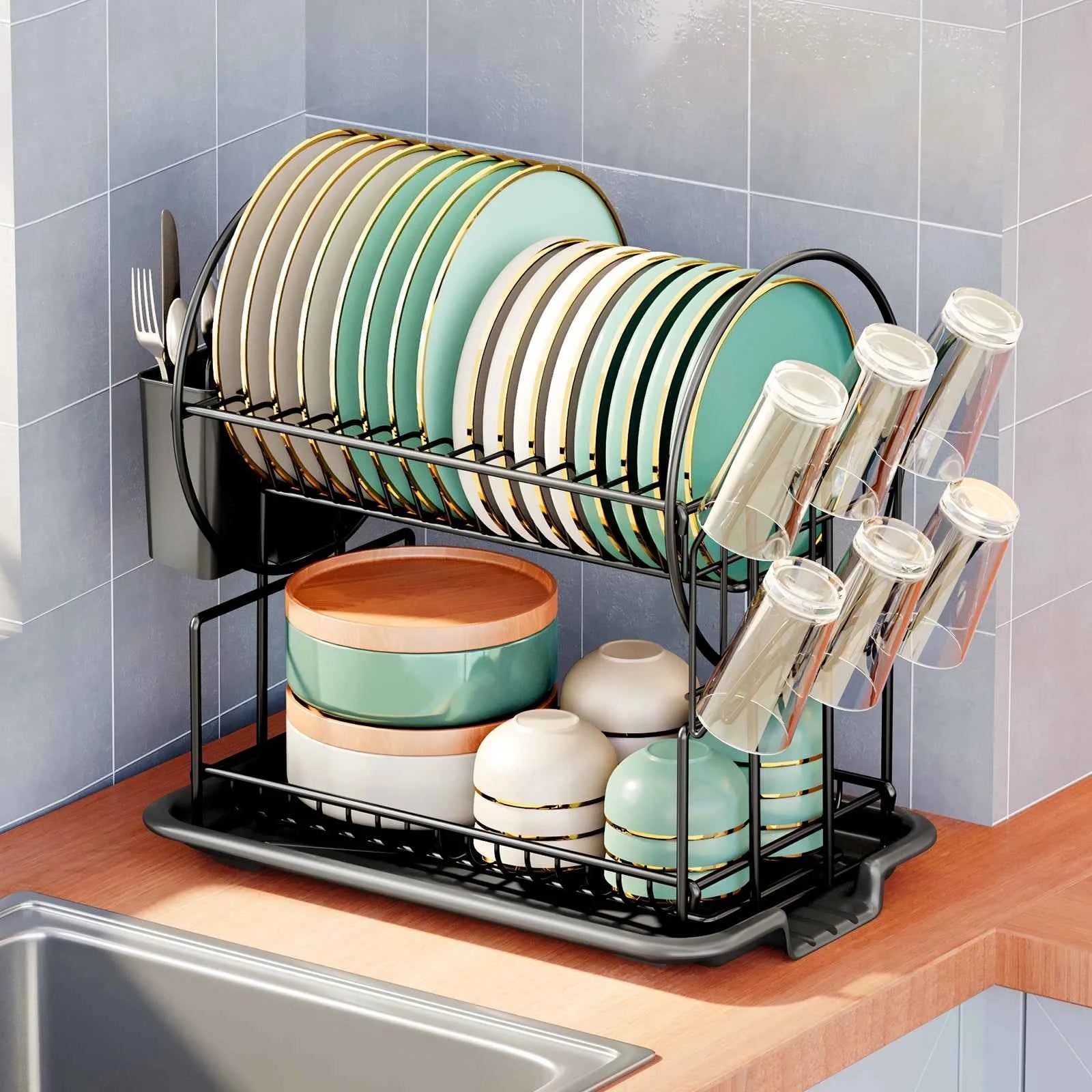 2 tier dish drying rack drain board set tableware drainer Kitchen countertop storage rack cup holder Knife and fork holder