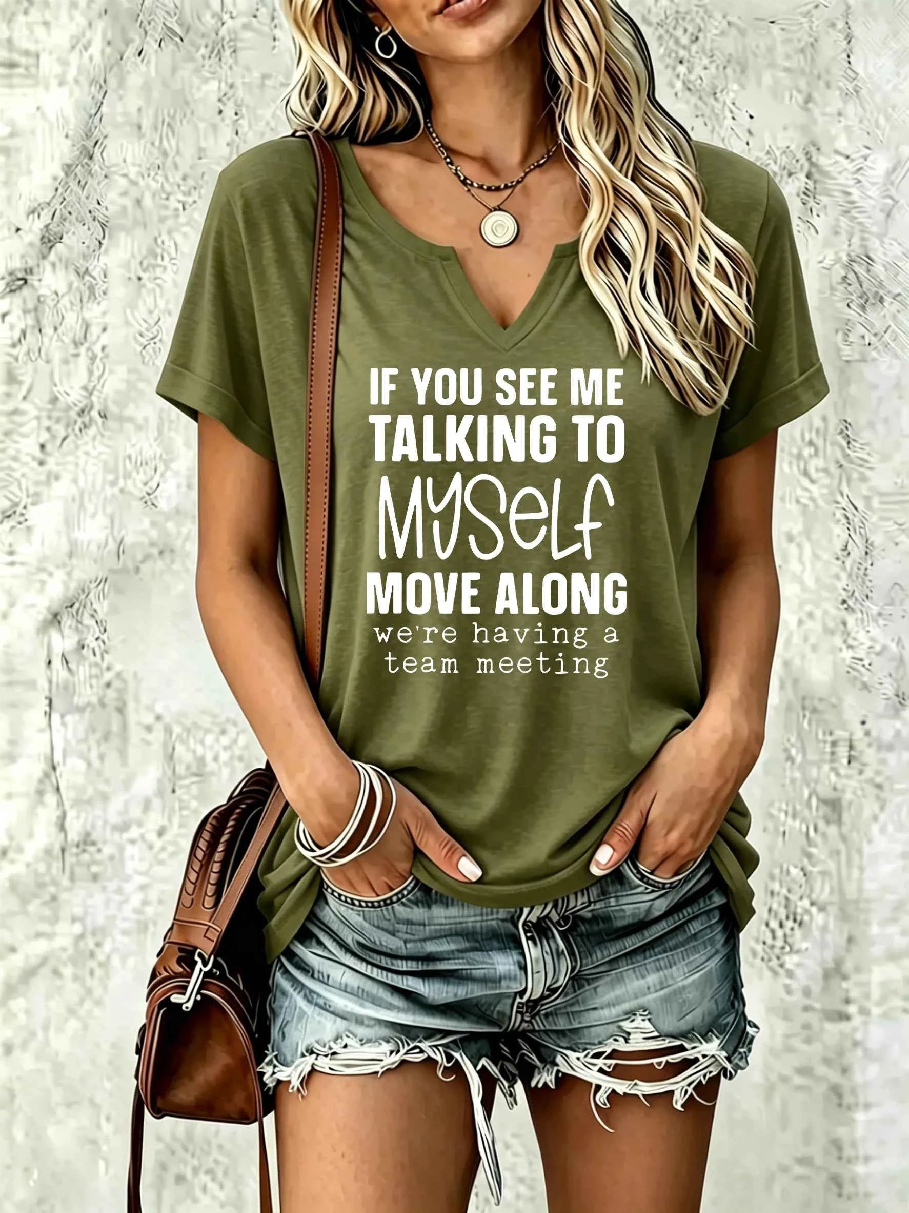 Women Summer V Neck T-shirt, Funny Team Meeting Slogan Letter Print, Soft Casual Humor Daily Basic Tee for Ladies
