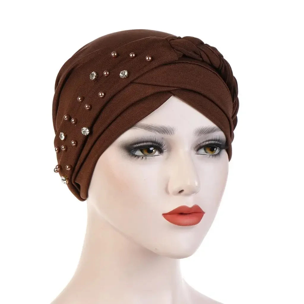 Women Lady Beads Muslim Braid Head Turban Wrap Cover Cancer Chemo Islamic Arab Cap Hat Hair Loss Bonnet Beanies Fashion - NamafadStore