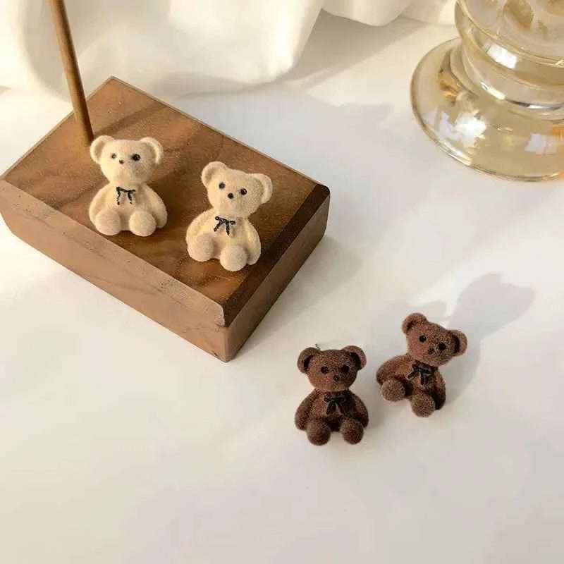 New Design Cute Flocking Plush Rabbit Stud Earrings for Women Korean Fashion Brown Animal Bear Earring Jewelry Party Girls Gift