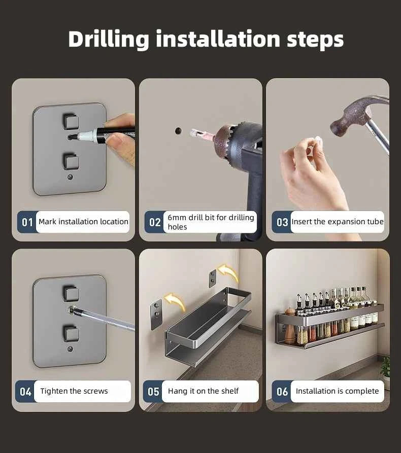 Aluminum Wall-Mounted Shelf Multifunctional Kitchen Spice Storage Rack Kitchen No Punching Required Kitchen Accessories