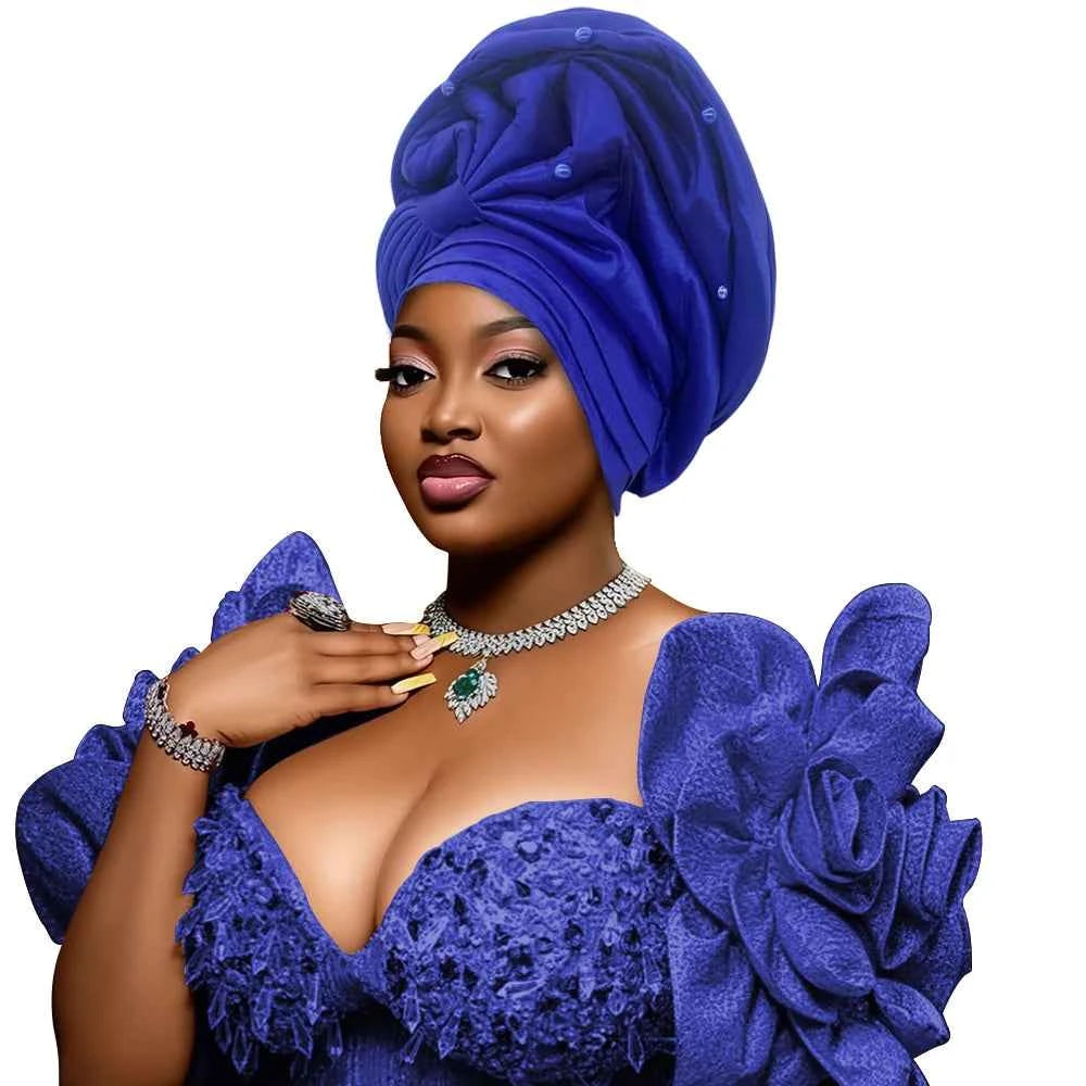 African Female Head Wraps Raw Silk Turban Cap for Women Nigeria Wedding Party Headcover Hat Ready to Wear Head Ties