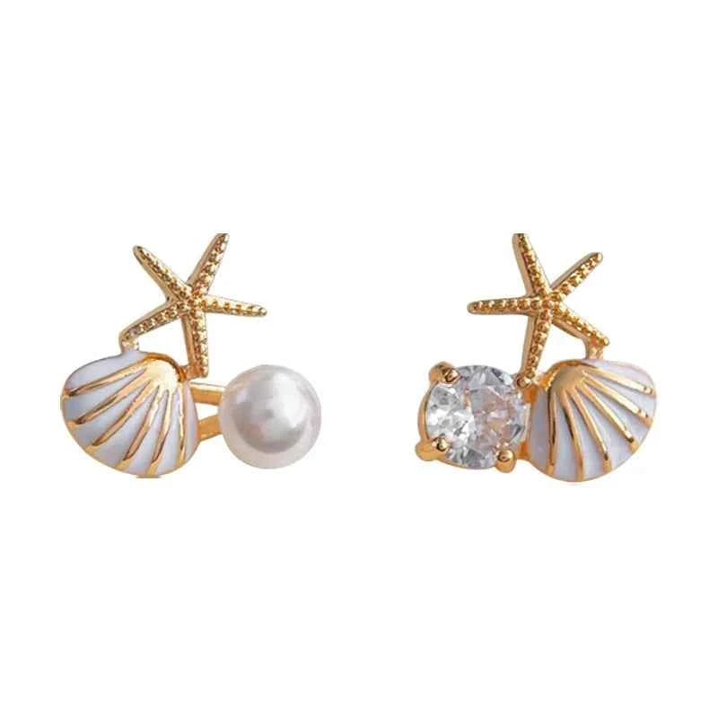 Cute Small Starfish Shell Stud Earrings for Women Asymmetric Rhinestones Imiation Pearl Charms Earrings Trendy Sweet Jewelry