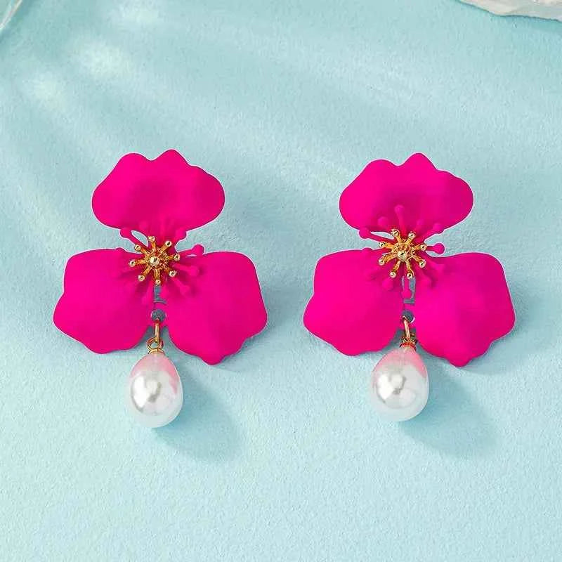 Rose Red Flower Imitation Pearl Dangle Earrings for Women Fashion Multilayer Floral Drop Earrings Jewelry Accessories Party Gift