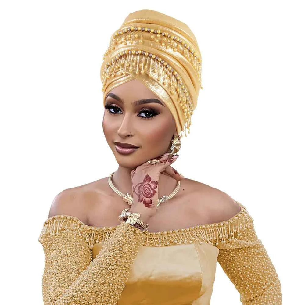 Fashion Turban Cap for Women African Lady Head Wraps with Beading Tassels Nigeria Weding Party Hat Headwear