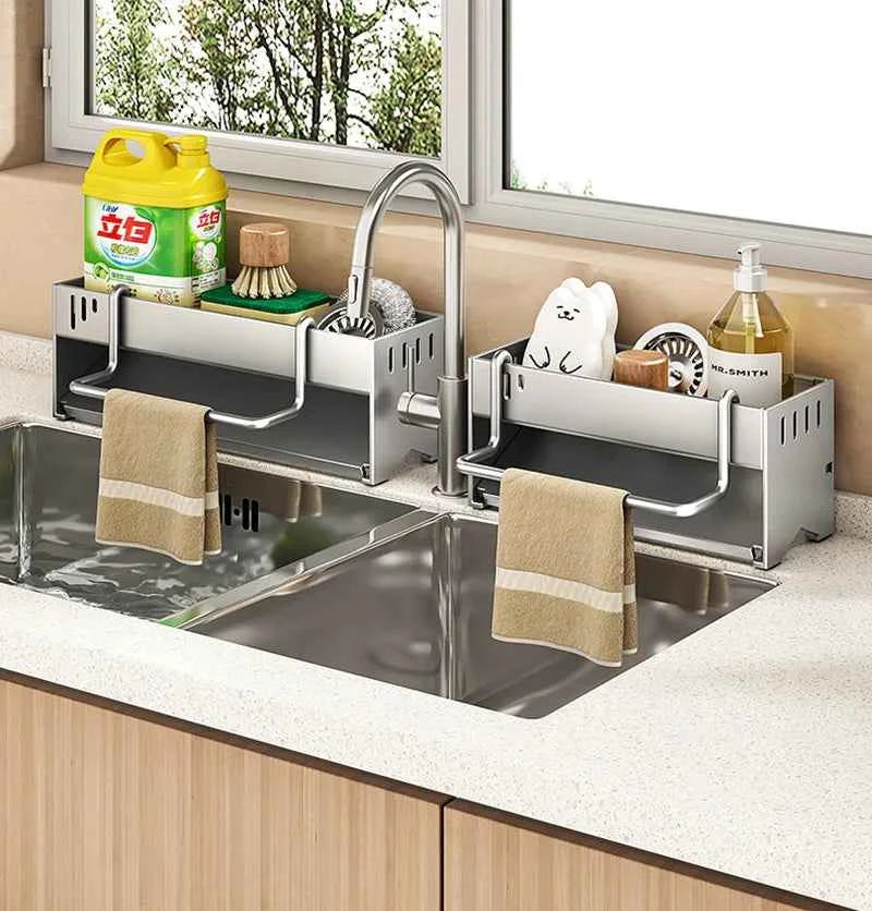 1pc Stainless Steel Kitchen Storage Rack Large-capacity Rag Sponge Draining Rack Household Sink Storage Rack Kitchen Organizer