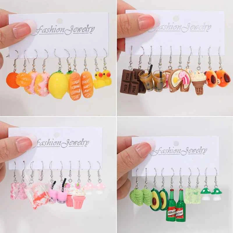 Fashion Cartoon Colorful Design Earrings Set for Women Cute Food Drink Animal Dopamine Dangle Earring Trendy Girls Jewelry Gifts