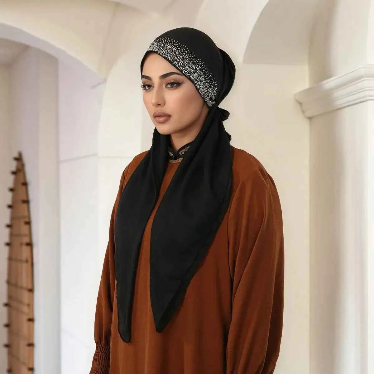 Fashion Diamond Cotton Elastic Headband Cap For Woman Muslim Hijab Hat Lady Fashion Instant Scarf Islamic Turban