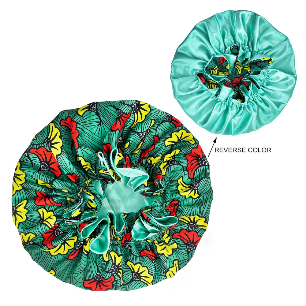 African Pattern Print Bonnet Hijabs Hat Women Night Sleep Cap Double Layer Satin Turban Extra Large Head Wear Lady Head Wrap Hat - NamafadStore