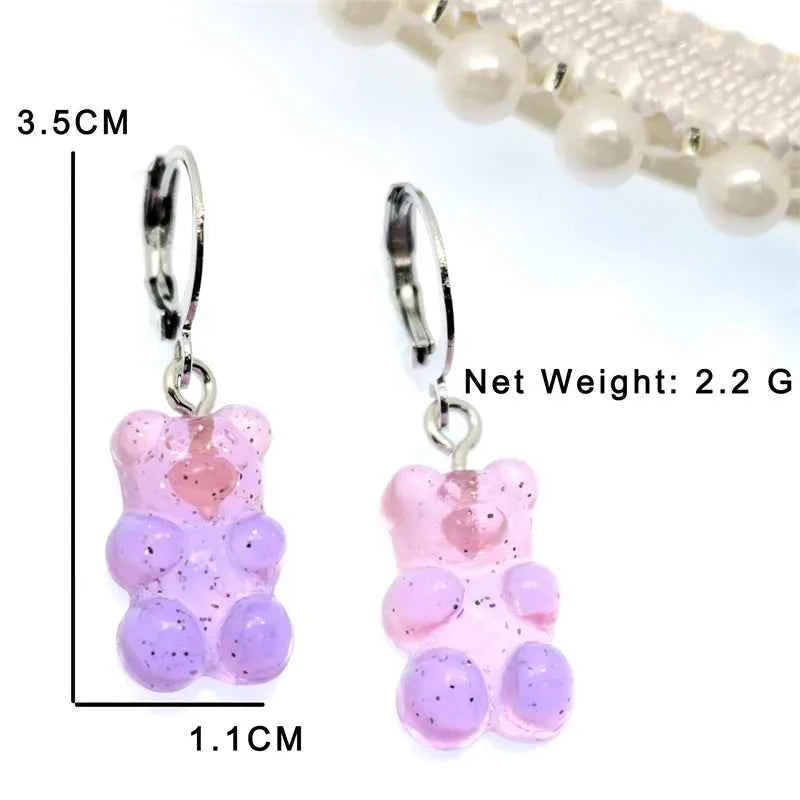 2022 Pink Bear Gummy Cartoon Dangle Earrings For Women Colorful Sequins Gradient Bear Hoop Earring Cute Girl Lucky Jewelry Gift