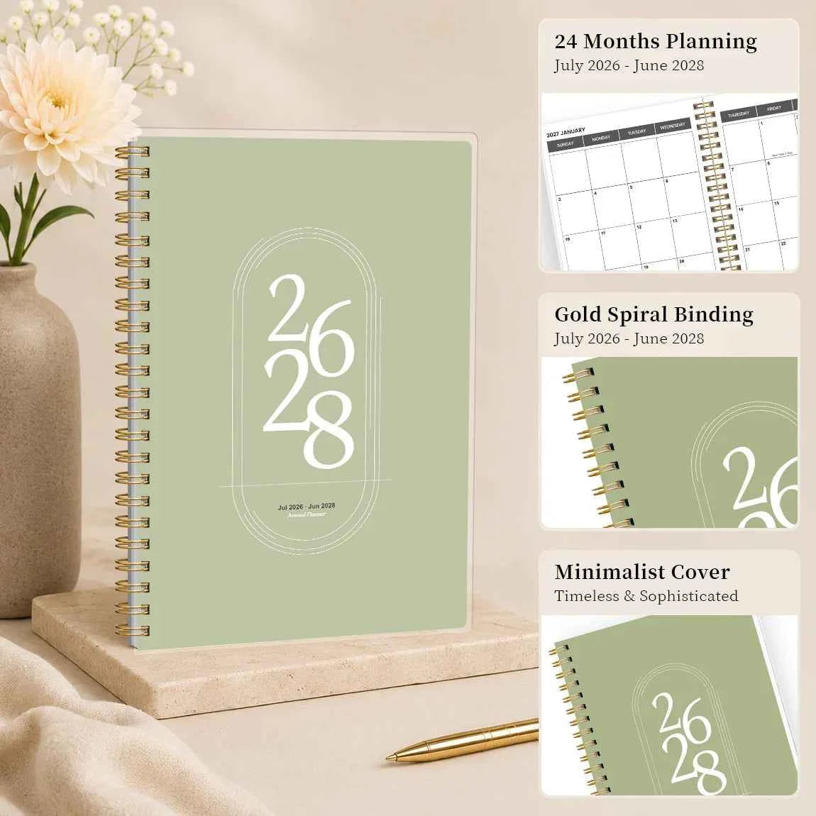 2026-2028 Academic Planner Jul 2026-Jun 2028, A5 Monthly Planner with Notes Pages, Reference Calendars & Gold Coil