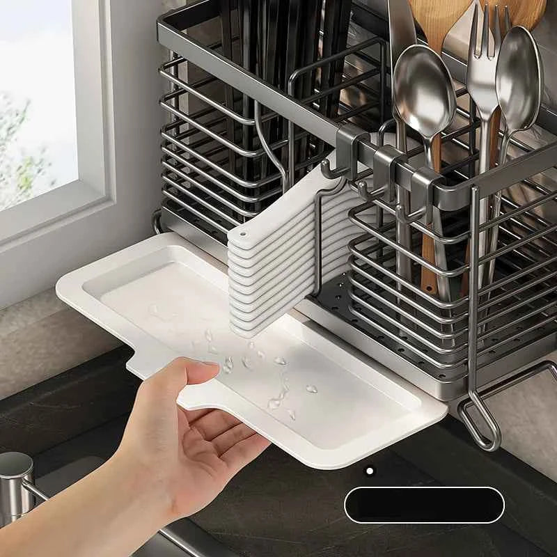 Cutlery Organizer Kitchen Storage Rack Wall Mounted Knife, Fork, Spoon Chopstick Rack with Drainage Tray Kitchen Utensil Cage