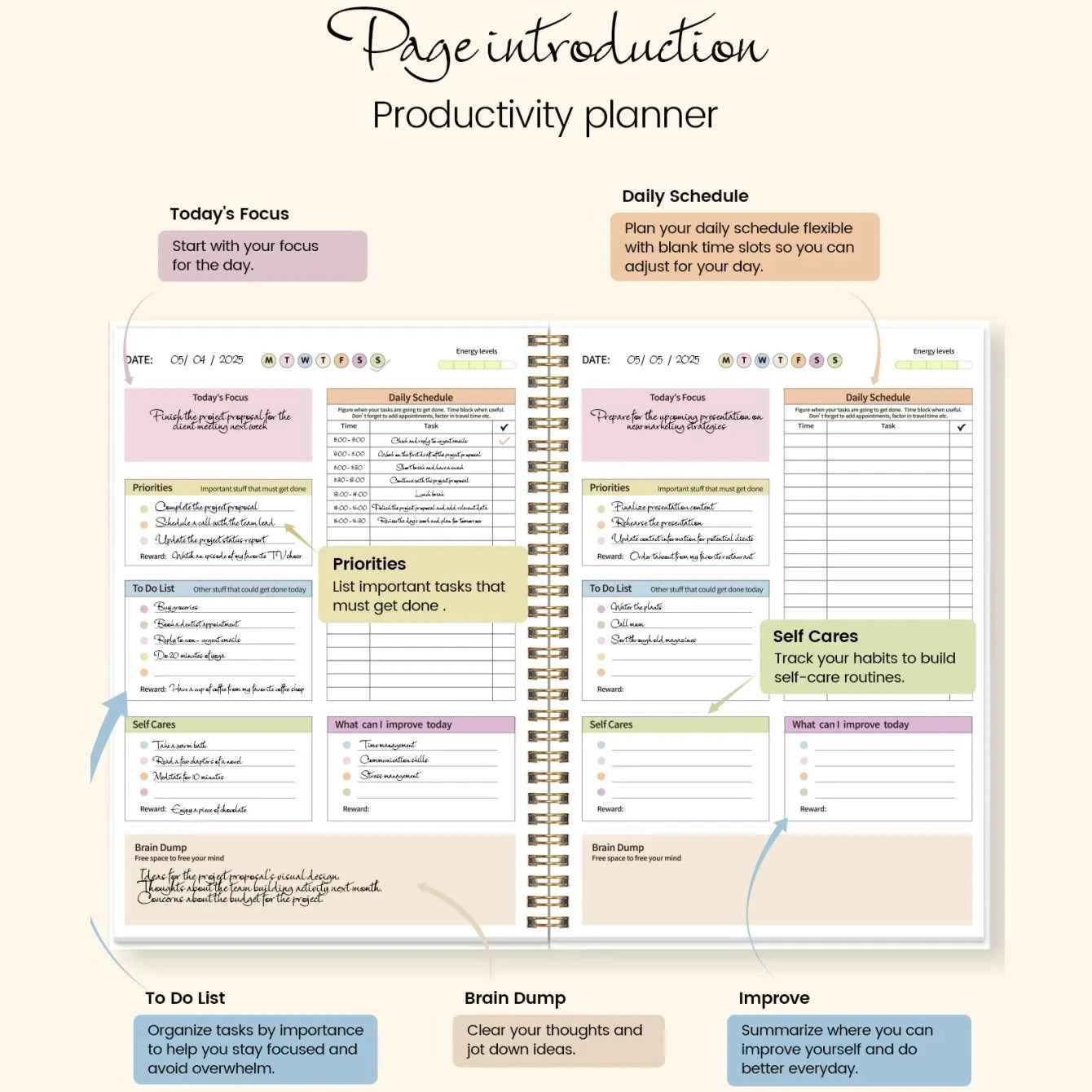 Floral Productivity Planner Spiral Daily Organizer with Focus, Priorities, to Do List, Self Care & Brain Dump