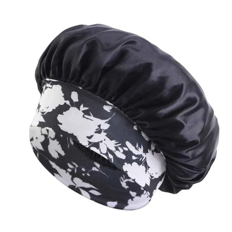 Women's Fashion Bonnet Flower Printed Hair Hat with Wide Edge Elastic Silk Smooth Satin Face for Daily Home Sleep Hat Hair Wrap