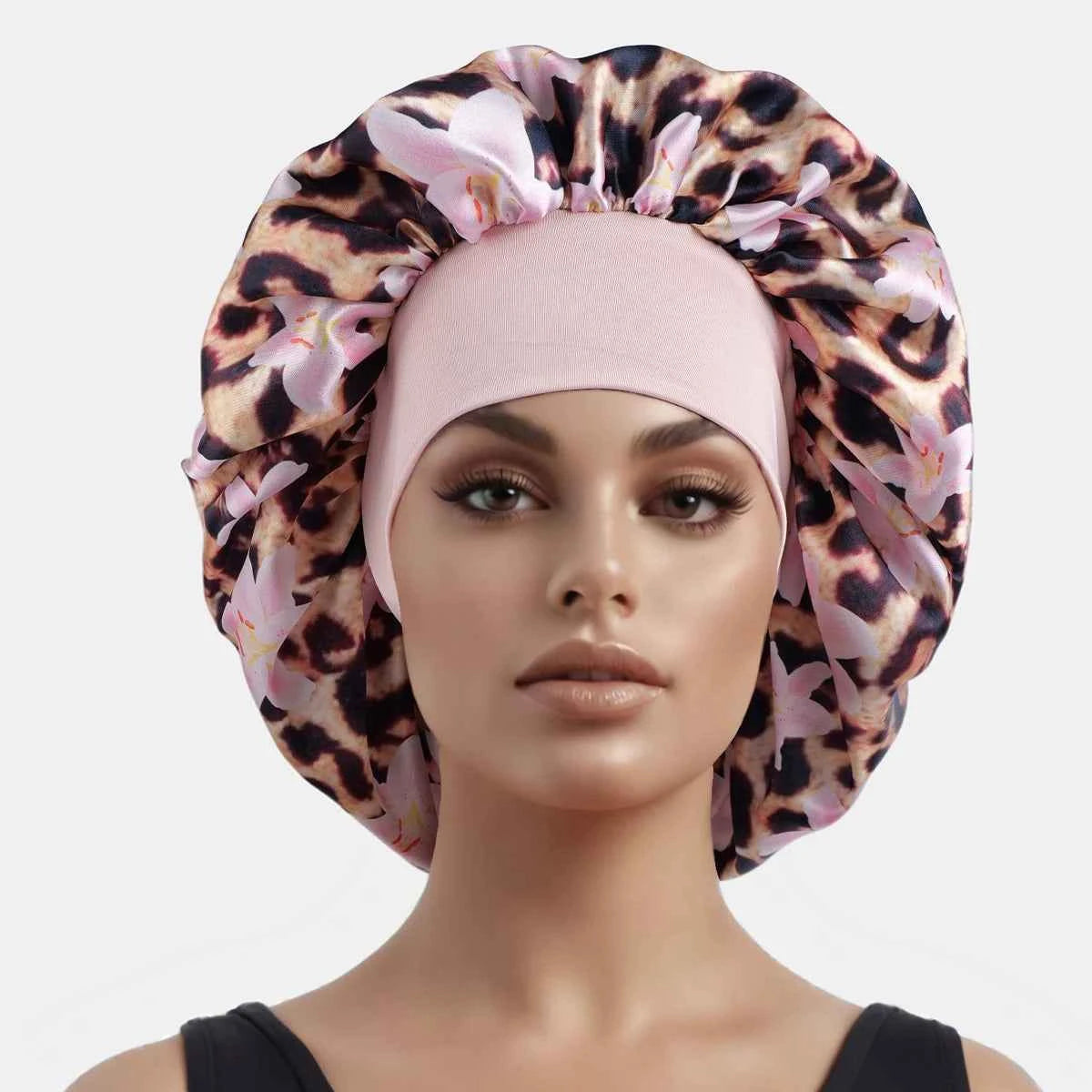 1PC Women's Leopard Print Satin Sleep Bonnet - Adjustable Night Cap for Hair Protection While Sleeping
