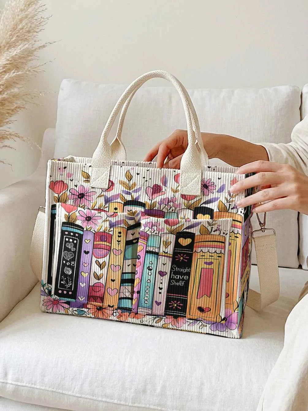 Colorful Books & Flowers Print Corduroy Tote Bag Large Capacity Multi Pocket Commuter Shoulder Bag
