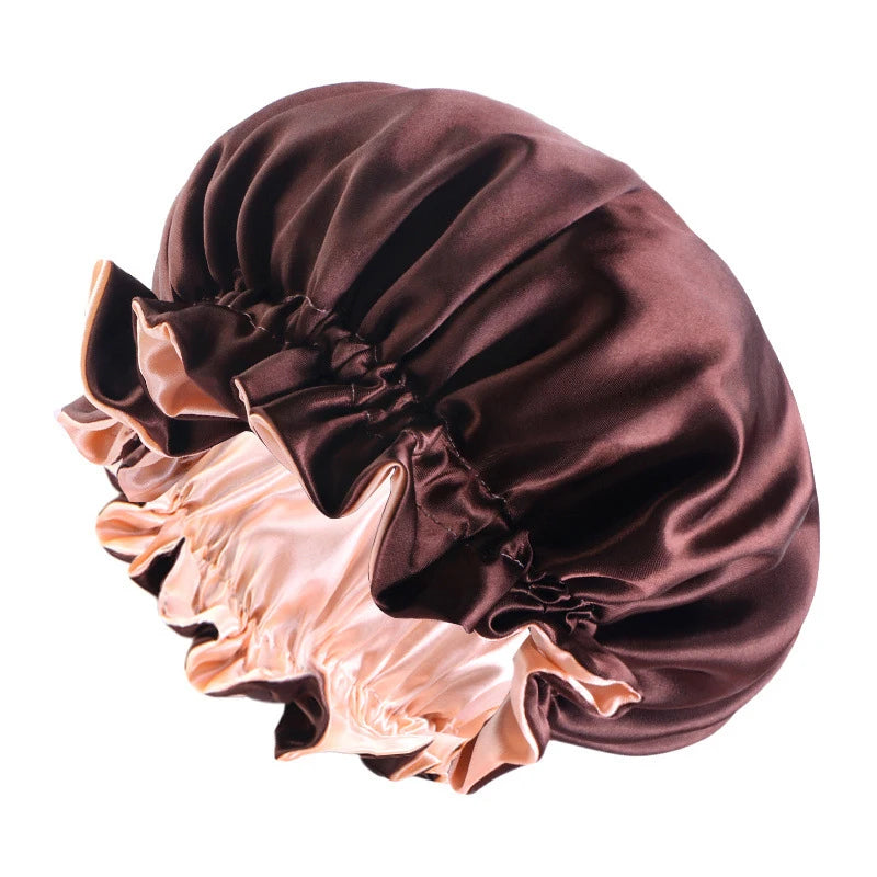 New Solid Elastic Double Layer Satin Bonnet Nightcap Women Night Sleep Hair Protection Hat Reversible Sleeping Hat Hair Care New - NamafadStore