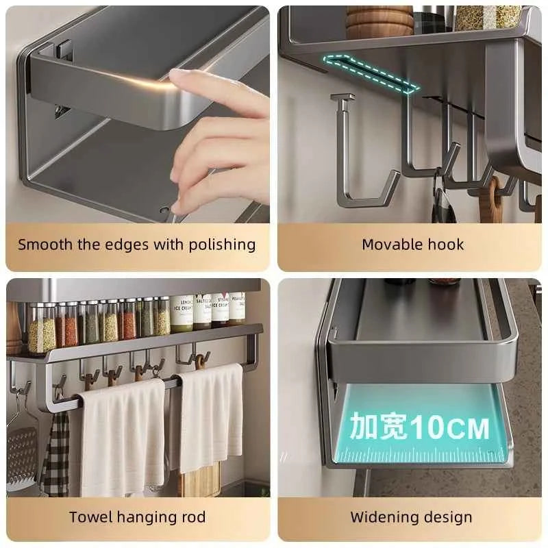 Aluminum Wall-Mounted Shelf Multifunctional Kitchen Spice Storage Rack Kitchen No Punching Required Kitchen Accessories